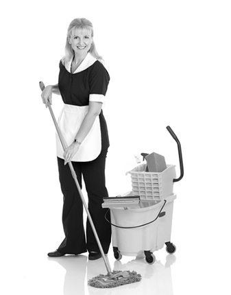 Black and white photo of a woman holding a mop and bucket, representing Suffolk Maids’ domestic cleaning services.