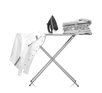 Black and white photo of an ironing board representing Suffolk Maids’ professional ironing and domestic cleaning services.